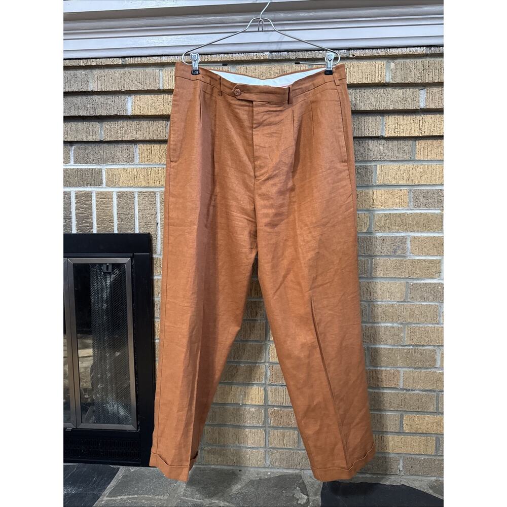 Trust Mens Burnt Orange Linen Blend Dress Pants Slacks W36 L30 Pleated Vacation